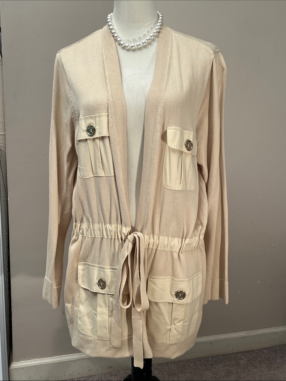 Calvin Klein Cream/Tan Drawstring Pocket Cardigan Jacket